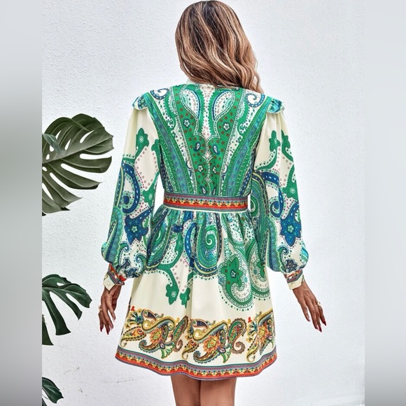 NWOT SHEIN blue/green Paisley Print Lantern Sleeve V neck Shirt Dress size Large - Picture 9 of 9